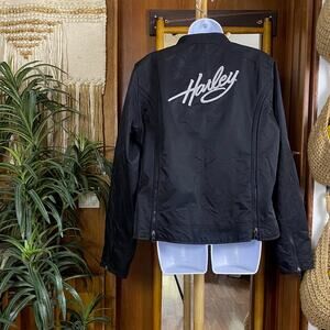 Harley Davidson Riding Windbreaker Jacket XL Black Rhinestone Script Back Y2K